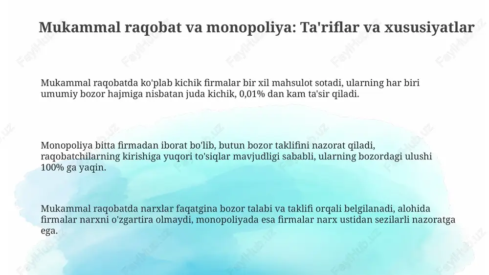 ijtimoiy yo'qotishlar $100 dan oshishi mumkin. solishtirish va xulosa mukammal raqobatda, uzoq muddatda iqtisodiy foyda nolga teng bo'ladi, monopoliya esa yuqori daromad olishi mumkin, chunki kirish to'siqlari yangi firmalarning kirishiga to'sqinlik qiladi. mukammal raqobatda narx marginal xarajatga teng (p=mc), samaradorlikka erishiladi, monopoliya esa narxlarni marginal xarajatdan yuqori belgilaydi (p>mc), samaradorlik yo'qolishiga olib keladi. xulosa shuki, mukammal raqobat resurslarni optimal taqsimlaydi va iste'molchilar uchun foydali, ammo innovatsiyalar uchun kamroq rag'bat beradi; monopoliya esa innovatsiyalar uchun rag'bat berishi mumkin, lekin jamiyat uchun iqtisodiy yo'qotishlarga olib keladi. e'tiboringiz uchun rahmat image2.png image1.png