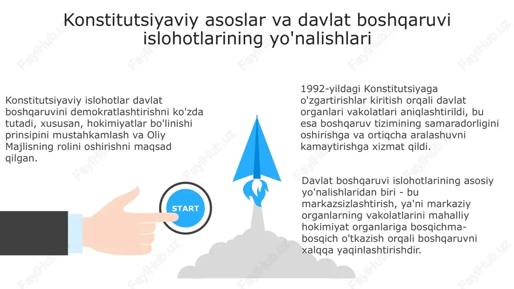 atlari agentligi tomonidan “shaffof qurilish” elektron platformasi ishga tushirildi, bu davlat xaridlari jarayonlarida shaffoflikni oshirishga va korrupsiyani kamaytirishga xizmat qiladi. o'zbekiston respublikasi prezidentining 2022-yildagi farmoni bilan nodavlat notijorat tashkilotlarini davlat tomonidan qo'llab-quvvatlash mexanizmlari takomillashtirildi, bu ularning rolini oshirishga qaratilgan. islohotlarning iqtisodiy va ijtimoiy samaradorligi, xalqaro hamkorlik ijtimoiy sohada islohotlar pensiya ta'minoti, sog'liqni saqlash va ta'lim sohalarida sifat va qulaylikni oshirishga qaratilgan bo'lib, aholining turmush darajasini yaxshilashga xizmat qildi. islohotlar natijasida 2000-yildan keyin yaimning o'sishi sezilarli darajada oshdi, xususan, kichik biznes va xususiy tadbirkorlikni rivojlantirish bo'yicha chora-tadbirlar muhim rol o'ynadi. xalqaro hamkorlik doirasida jahon banki, osiyo taraqqiyot banki kabi tashkilotlar bilan hamkorlikda davlat boshqaruvi islohotlarini qo'llab-quvvatlash uchun ko'plab loyihalar amalga oshirildi. e'tiboringiz uchun rahmat image1.jpeg image2.jpeg image3.jpeg image4.jpeg