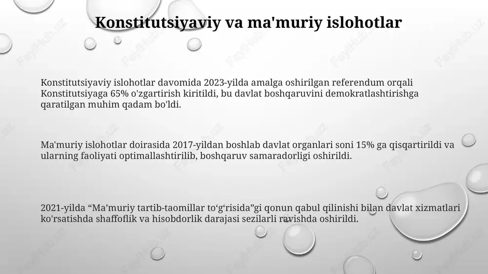 qabul qilingan "davlat xaridlari to'g'risida"gi qonun shaffoflikni ta'minlash va byurokratik to'siqlarni bartaraf etish uchun elektron xaridlar tizimini majburiy qildi, shu bilan birga 50 million so'mdan ortiq xaridlarda tender o'tkazish talab etiladi. islohotlarning iqtisodiy samaradorligi va xalqaro hamkorlik mustaqillik yillarida amalga oshirilgan islohotlar xususiy investitsiyalarni 30% ga oshirdi, bu esa yalpi ichki mahsulotning o'sishiga sezilarli ta'sir ko'rsatdi. xalqaro hamkorlik doirasida 50 dan ortiq loyiha amalga oshirildi, jumladan, jahon banki va osiyo taraqqiyot bankidan 2 milliard dollardan ziyod investitsiyalar jalb etildi. davlat-xususiy sherikchilik mexanizmlari orqali 100 dan ortiq infratuzilma loyihalari ishga tushirildi, bu esa davlat byudjetiga yuklamani kamaytirdi va samaradorlikni oshirdi. e'tiboringiz uchun rahmat image3.png image1.png image2.png