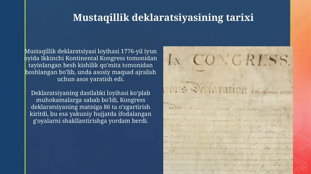 ta koloniyaning har biri o'z hukumatini tuzishi kerak edi. deklaratsiya qullik masalasini dolzarb qilib, 1770-1780-yillarda ko'plab shtatlarda qullikka qarshi harakatlarning kuchayishiga sabab bo'ldi. deklaratsiyaning xalqaro ta'siri deklaratsiya fransiya inqilobiga (1789-1799) ta'sir ko'rsatdi, unda inson huquqlari deklaratsiyasi va fuqarolar e'lon qilindi, bu tabiiy huquqlar va suverenitet tamoyillarini aks ettirdi. 19-asrda lotin amerikasi mustaqillik harakatlariga ta'sir ko'rsatdi. simon bolivar kabi rahbarlar milliy mustaqillik uchun kurashlarda deklaratsiyaning g'oyalarini qo'llab- quvvatladilar. deklaratsiyaning tanqidi va bahslar ba'zi tanqidchilar e'londa qullikni bekor qilish masalasini hal qilmagani uchun uni ikki tomonlama standart deb hisoblashadi, chunki unda tabiiy huquqlar ta'kidlangan bo'lsa ham, millionlab odamlar bunday huquqlardan mahrum bo'lgan. ayrim tarixchilar e'londa keltirilgan shikoyatlar britaniya hukumatining siyosatiga nisbatan haddan tashqari oshirib yuborilganini ta'kidlaydilar va ularni amerikalik inqilobchilarni qo'llab-quvvatlash uchun qilingan siyosiy nayrang deb bilishadi. deklaratsiyaning ahamiyati va merosi deklaratsiya asosiy tamoyillari, shu jumladan, tabiiy huquqlar, o'zini o'zi boshqarish va tenglikdan iborat bo'lib, ular butun dunyo bo'ylab ko'plab demokratik harakatlarga …