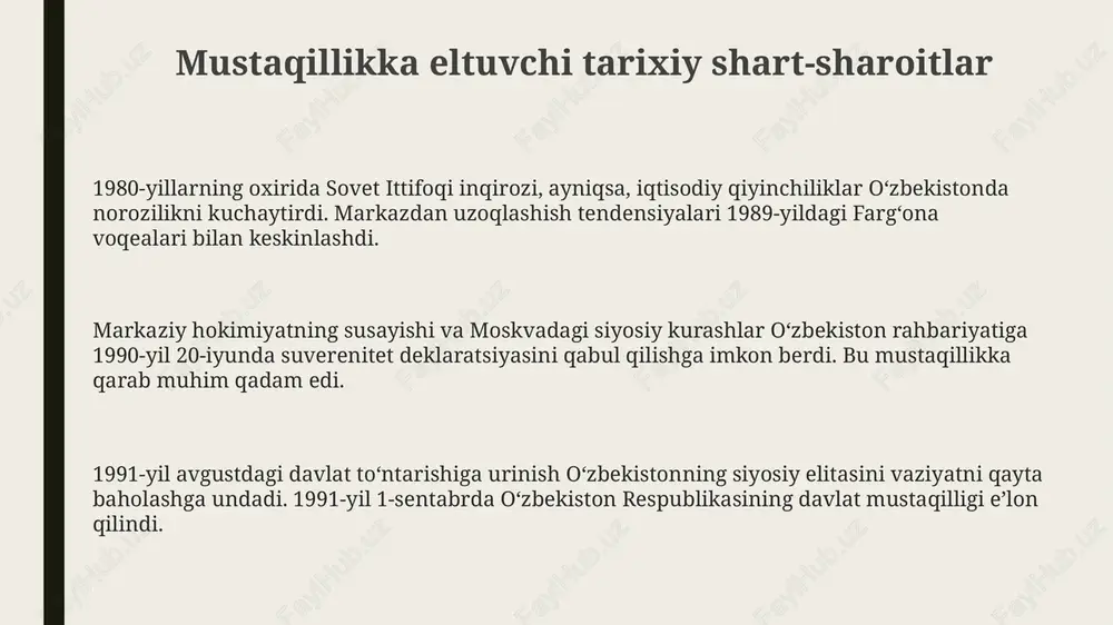 tirish sari intilish va inson huquqlari 1990-yillarning boshlarida "erk" va "birlik" kabi norasmiy harakatlar faollashdi, ular koʻppartiyaviylik va siyosiy erkinliklarni taʼminlash boʻyicha talablar bilan chiqishdi. bu demokratlashtirish jarayoniga turtki berdi. mustaqillik arafasida oʻzbekistonda inson huquqlari bilan bogʻliq muammolar mavjud edi, jumladan soʻz erkinligi cheklanishi, siyosiy mahbuslar va politsiya zoʻravonligi holatlari kuzatilgan. oʻzbekiston ssr oliy kengashining 1990-yil 24- martdagi qarori bilan prezidentlik lavozimi taʼsis etildi, bu esa respublikada kuchli ijroiya hokimiyatning shakllanishiga olib keldi va demokratik islohotlarga taʼsir koʻrsatdi. e'tiboringiz uchun rahmat slide 1 slide 2 slide 3 slide 4 slide 5 slide 6 slide 7 slide 8 slide 9 slide 10