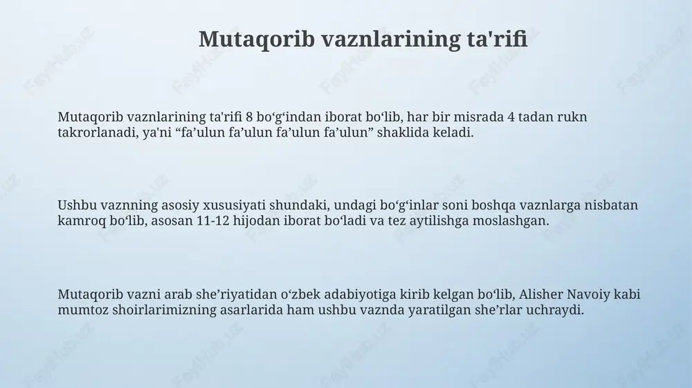 atiladi, bu ruknlar sheʼrning ohangini shakllantirishda muhim rol oʻynaydi va poetik ifodani kuchaytiradi. tahlil shuni koʻrsatadiki, mutaqorib vazni 11-asr adabiyotida keng qoʻllanilgan boʻlib, bu davrda yaratilgan asarlar ushbu vaznning klassik namunalaridir. e'tiboringiz uchun rahmat slide 1 slide 2 slide 3 slide 4 slide 5 slide 6 slide 7 slide 8 slide 9 slide 10