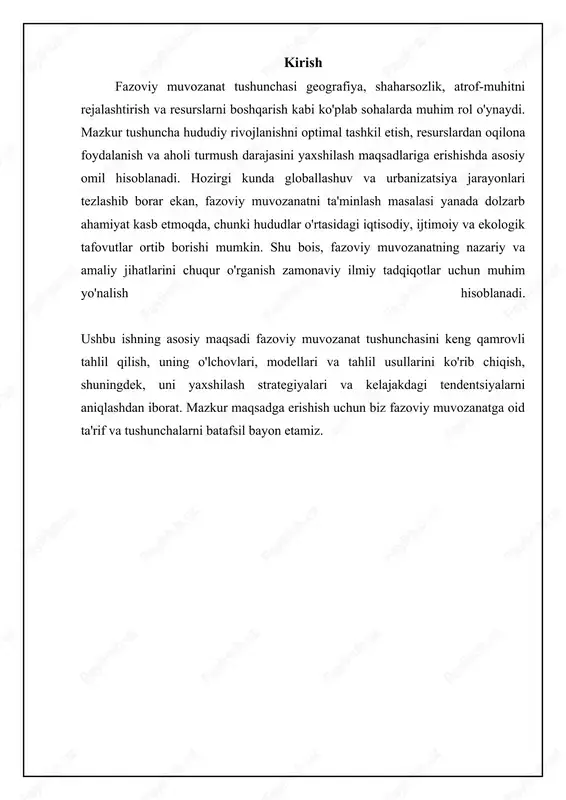 noatni rivojlantirish orqali farg'ona vodiysidan migratsiyani qisman kamaytirishga erishildi. fazoviy muvozanatni o'lchash usullari fazoviy muvozanatni o'lchash uchun turli xil ko'rsatkichlar va usullardan foydalaniladi. ulardan biri, aholining hududlar bo'yicha taqsimlanishi ko'rsatkichidir. bu ko'rsatkich, har bir hududdagi aholi zichligini va aholi sonining o'zgarishini baholashga yordam beradi. gini koeffitsienti kabi statistik usullar, aholi daromadlarining hududlar o'rtasida qanday taqsimlanganini aniqlash uchun ishlatiladi. yuqori gini koeffitsienti daromadlarning notekis taqsimlanganligini ko'rsatadi, bu esa fazoviy muvozanatning buzilganligidan dalolat beradi. masalan, agar bir hududda aholining katta qismi juda yuqori daromadga ega bo'lsa, boshqa hududda esa aksincha, iqtisodiy muvozanat yo'qligi ko'rinadi. boshqa o'lchash usullari qatoriga infratuzilma bilan ta'minlanganlik darajasi, ishsizlik darajasi va iqtisodiy faollik ko'rsatkichlari kiradi. infratuzilma bilan ta'minlanganlik darajasi, yo'llar, transport, aloqa, ta'lim va sog'liqni saqlash xizmatlarining hududlar bo'yicha taqsimlanishini baholaydi. ishsizlik darajasi, har bir hududdagi ish bilan ta'minlanganlik darajasini ko'rsatadi. iqtisodiy faollik ko'rsatkichlari, hududning yalpi ichki mahsulot (yim) hajmi, sanoat va qishloq xo'jaligi ishlab chiqarishining dinamikasi kabi …