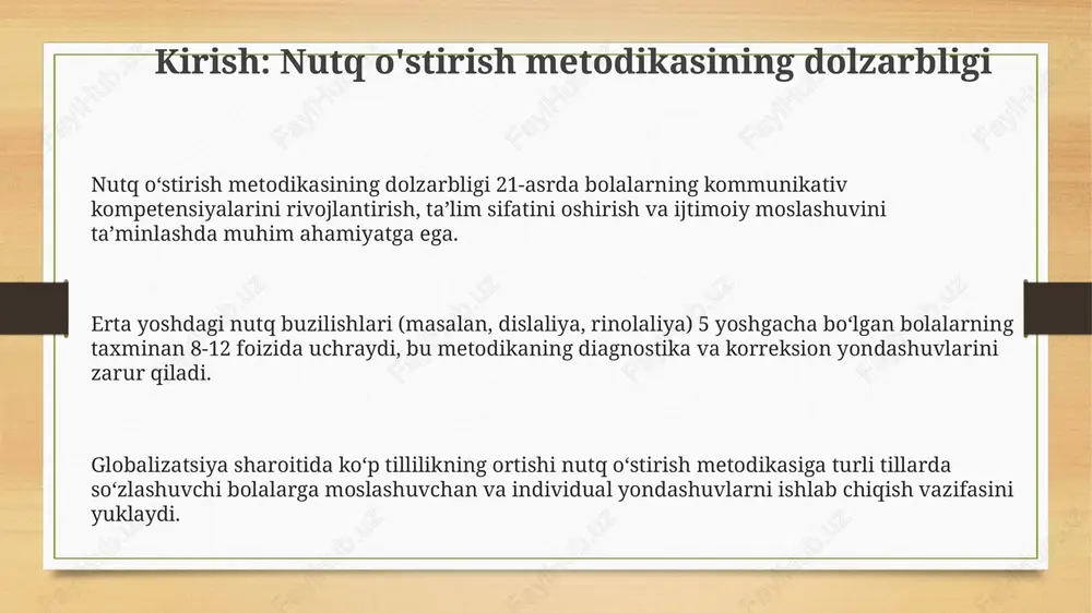 ljallangan metodlar, ularning har biri individual xususiyatlarga moslashtiriladi. nutq o'stirish vositalari nutq oʻstirish vositalari 7 asosiy guruhga boʻlinadi: ogʻzaki, koʻrgazmali, oʻyinli, badiiy, didaktik, texnik va maxsus vositalar, ularning har biri nutqni rivojlantirish uchun oʻziga xos usullarni taqdim etadi. bolalarning lugʻatini boyitishda 200 dan ortiq turli oʻyinlar va mashqlar qoʻllaniladi, shu jumladan soʻz oʻyinlari, rolli oʻyinlar va taqlidiy mashqlar, ular nutq faolligini oshirishga qaratilgan. badiiy adabiyot, jumladan 50 ga yaqin ertaklar, sheʼrlar va hikoyalar bolalarning nutqini oʻstirishda muhim rol oʻynaydi, chunki ular til boyligini oshiradi va tasavvurni rivojlantiradi. nutq o'stirish metodikasining boshqa fanlar bilan aloqasi (pedagogika, psixologiya, tilshunoslik) psixologiya orqali bola nutqining rivojlanish bosqichlari, 3 yoshgacha boʻlgan davrning ahamiyati, individual xususiyatlar va nutq buzilishlarining psixologik sabablari oʻrganiladi. pedagogika bilan aloqasi nutq oʻstirish metodikasining asosiy qismi boʻlib, ta’lim tamoyillari, 5 ta komponentni (maqsad, vazifa, mazmun, usul, natija) oʻz ichiga oladi. tilshunoslik bilan munosabatda fonetika, leksikologiya, grammatika kabi til sathlari, 7000 dan ortiq …