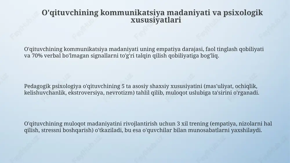 chun o'qituvchilar har bir bolaning madaniy kelib chiqishini tushunish uchun 10 dan ortiq strategiyani qo'llashlari kerak. inklyuziv ta'limda o'qituvchilar 504-reja yoki iep kabi talabalarning individual ehtiyojlarini qondirish uchun kamida 3 xil kommunikatsiya uslubini o'zlashtirishlari zarur. raqamli kommunikatsiyada, xavfsizlikni ta'minlash uchun shaxsiy ma'lumotlarni himoya qilish, kiberbullingdan saqlanish va 7 dan ortiq onlayn etikaga rioya qilish muhim. e'tiboringiz uchun rahmat image4.png image1.jpeg