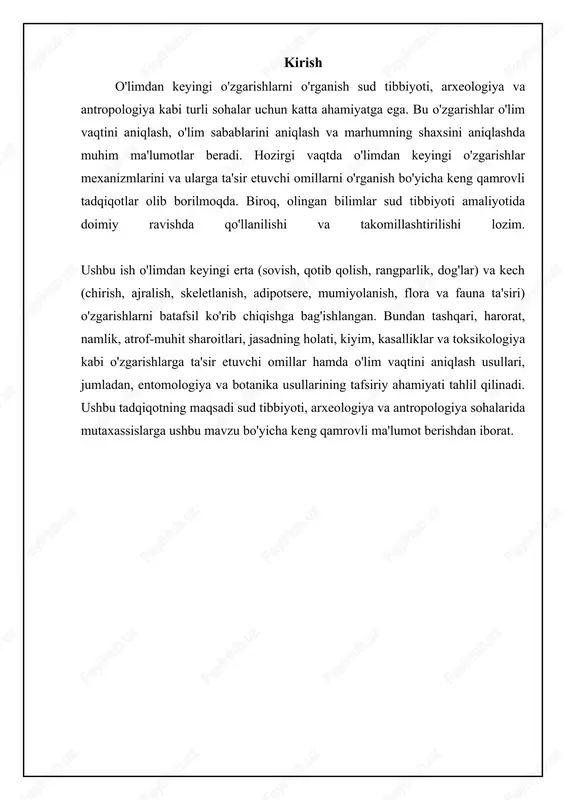 in atp ishlab chiqarish to'xtaydi va mushaklardagi aktin va miozin oqsillari bir-biri bilan bog'lanib, ko'ndalang ko'priklar hosil qiladi. natijada, mushaklar qattiqlashadi va harakat qilish qiyinlashadi. qotib qolish odatda o'limdan keyin 2-6 soat ichida boshlanadi, 12-24 soat ichida eng yuqori cho'qqiga chiqadi va keyin 24-36 soatdan keyin asta-sekin yo'qoladi. bu jarayonning vaqt jadvali harorat, mushak faolligi va jasadning jismoniy holatiga qarab o'zgaradi. yuqori harorat va jismoniy faollik qotib qolishni tezlashtiradi, past harorat va mushaklarning kam faolligi esa uni sekinlashtiradi. qotib qolishning paydo bo'lishi, davomiyligi va yo'qolishini baholash o'lim vaqtini aniqlashda yordam berishi mumkin, ammo bu yagona omil emas. erta va kech o'limdan keyingi o'zgarishlar taqqoslash⚖️ o'limdan keyingi o'zgarishlarni taqqoslash item boshlanish vaqti davomiyligi asosiy jarayon o'zgarish xarakteri erta o'zgarishlar tez qisqa biokimyoviy qaytar kech o'zgarishlar sekin uzoq chirish qaytarilmas gipostaz (livor mortis): qonning to'planishi gipostaz, yoki livor mortis, o'limdan keyin gravitatsiya ta'sirida qonning tananing eng past qismlarida to'planishidir. yurak urishi to'xtagandan …