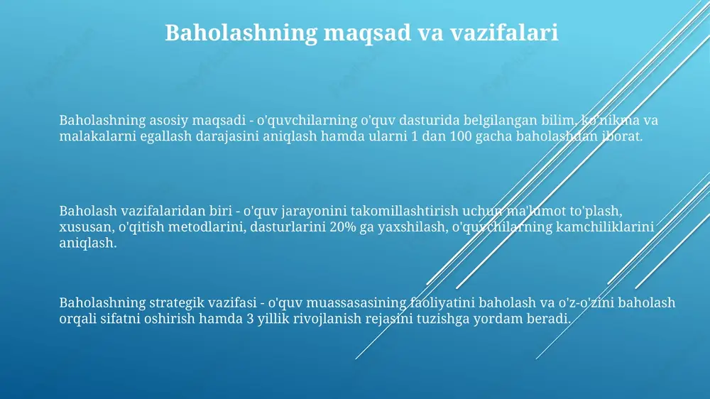 anish o'qituvchiga 85% talaba tushunmagan mavzularni qayta ko'rib chiqishga, 10% talaba esa qo'shimcha vazifalar bilan ta'minlanishiga imkon beradi. baholashdan olingan ma'lumotlar o'qituvchilarga pedagogik strategiyalarini yaxshilashga, o'quv materiallarini takomillashtirishga va o'quv jarayonini 75% ga samaraliroq qilishga yordam beradi. o'qituvchilarning baholash kompetentsiyasi o'qituvchilar baholash jarayonida xolislikni ta'minlash uchun aniq baholash mezonlari va indikatorlaridan foydalanishni, shu bilan birga, 5 xil xatoliklarni minimallashtirishni bilishlari kerak. o'qituvchilar baholash kompetentsiyasi 10-dan ortiq asosiy metodlarni, masalan, test tuzish, loyiha baholash, portfoliolarni ko'rib chiqish, muvaffaqiyatli amalga oshirishni o'z ichiga oladi. o'qituvchilar baholash natijalarini talabalar uchun individual o'quv dasturlarini tuzishda, shuningdek, o'quv rejasini yaxshilash uchun har chorakda kamida 3 ta muhim o'zgarish kiritishda qo'llay bilishlari kerak. talabalarni o'z-o'zini baholashga o'rgatish talabalarga aniq baholash mezonlarini taqdim eting, masalan, rubrikalar, ularga o'z ishlarini 1 dan 5 gacha bo'lgan shkala bo'yicha baholashga yordam beradi. o'z-o'zini baholash kundaliklarini joriy eting, talabalar darsdan so'ng o'zlarining tushunishlarini, qiyinchiliklarini va maqsadlarini 10 daqiqada qayd etadilar. talabalarni …