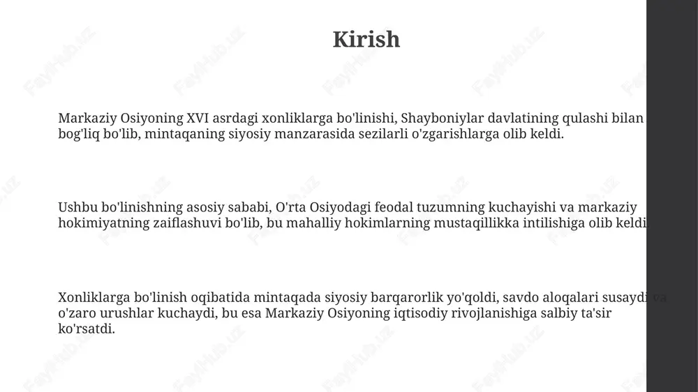 ha qismi qashshoqlashdi, bu esa soliq yigʻishni qiyinlashtirdi va davlat budjetlarining kamayishiga olib keldi. xulosa xulosa qilib aytganda, xvii-xix asrlarda xonliklarga bo'linish siyosiy tarqoqlikka olib keldi, bu esa mintaqaning zaiflashuviga va tashqi ta'sirga berilishiga sabab bo'ldi. iqtisodiy jihatdan, xonliklar o'rtasidagi urushlar savdoni cheklab, qishloq xo'jaligini vayron qildi, natijada iqtisodiy stagnatsiya va aholining turmush darajasi pasayishiga olib keldi. madaniy jihatdan, tarqoqlikka qaramay, ilmiy markazlar (buxoro, samarqand, xiva) saqlanib qoldi, lekin umumiy madaniy integratsiya 19-asr oxirigacha to'liq amalga oshmadi. e'tiboringiz uchun rahmat