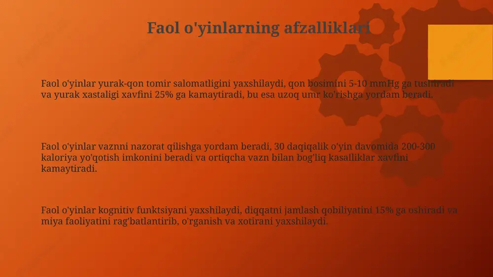 da farzandlari bilan muhokama qilishlari mumkin. misol o'yin: 'qo'l berib zanjir' bolalarning tezkorlik va jamoaviy ishlash ko'nikmalarini rivojlantiradi. o'yinning 10 daqiqalik versiyasi ishtirokchilarga qiziqarli mashg'ulot bo'ladi. ota-onalarga 'o'yinlar kutubxonasi'ni taqdim etish, unda 20 dan ortiq o'yinlar ro'yxati va har bir o'yin uchun 3 ta asosiy qoidalar batafsil tushuntirilgan, uyda o'ynash uchun juda qulay. e'tiboringiz uchun rahmat slide 1 slide 2 slide 3 slide 4 slide 5 slide 6 slide 7 slide 8 slide 9 slide 10