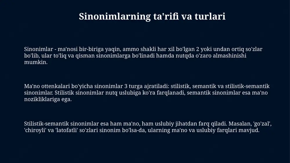 'shogird', farg'onada esa 'o'quvchi' kabi 2 xil sinonim ishlatilishi mumkin. dialektal sinonimlar adabiy til me'yorlariga to'g'ri kelmasligi mumkin; lekin, ular 3 xil badiiy asarda mahalliy koloritni yaratish uchun foydali, masalan, 'ayvon' so'zi surxondaryoda 'peshayvon'. o'zbek tilida 4 ta asosiy dialekt guruhi mavjud; ularning har birida o'ziga xos sinonimik qatorlar bor, masalan, 'katta' so'zi qashqadaryo shevasida 'ulug' ', boshqa hududlarda esa 'kabar' shaklida uchrashi mumkin. sinonimlar va kontekst sinonimlar kontekstga qarab turli emotsional yoki stilistik bo'yoqlarni ifodalashi mumkin; 'qo'rqoq', 'murdakor' va 'xoin' so'zlari salbiy ma'noda farqlanib, 3 xil darajadagi qo'rqoqlikni ko'rsatadi. kontekst sinonimlarning ma'nosini aniqlashda muhim rol o'ynaydi; masalan, 'chiroyli' va 'go'zal' so'zlari 1-holatda tashqi ko'rinishga, 2- holatda ichki dunyoga ishora qilishi mumkin. kontekst sinonimlar orasidagi ma'no farqlarini ochib beradi; masalan, 'uy' va 'manzil' so'zlari 1- da yashash joyini, 2-da aniq geografik joylashuvni bildiradi, bu 2 ta sinonimning o'rnini aniqlaydi. sinonimlarning badiiy nutqdagi roli badiiy matnlarda sinonimlar muallifga 2 yoki 3 …