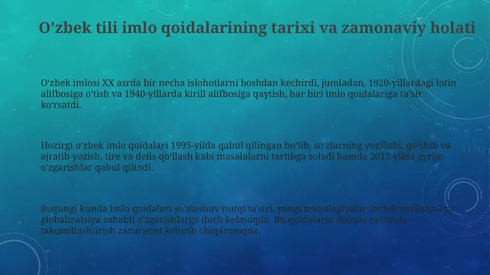 nutqining ta'siri, ayniqsa ijtimoiy tarmoqlarda, imlo xatolarining ko'payishiga olib kelmoqda, chunki 70% foydalanuvchilar qisqartirilgan va norasmiy so'zlardan foydalanadi. imlo savodxonligini baholash mezonlari, til siyosati va mutaxassislar mas'uliyati imlo savodxonligini baholash mezonlari 90% to'g'rilik darajasini qamrab oladi, bu erda har bir xato uchun jarima ballari olinadi. til siyosati 2019-yilgi imlo qoidalariga mos kelishi kerak. mutaxassislar, 5 yillik tajribaga ega bo'lganlar, imlo xatolarini tuzatish uchun mas'uldirlar. ularning 10% dan ortiq xato qilmasliklari talab etiladi, aks holda sertifikat bekor qilinadi. o'zbek tilini rivojlantirish siyosati mutaxassislarni imlo savodxonligini oshirishga undaydi. til komissiyasi har yili 3 ta imlo bo'yicha o'quv kurslarini tashkil etadi. e'tiboringiz uchun rahmat image3.png
