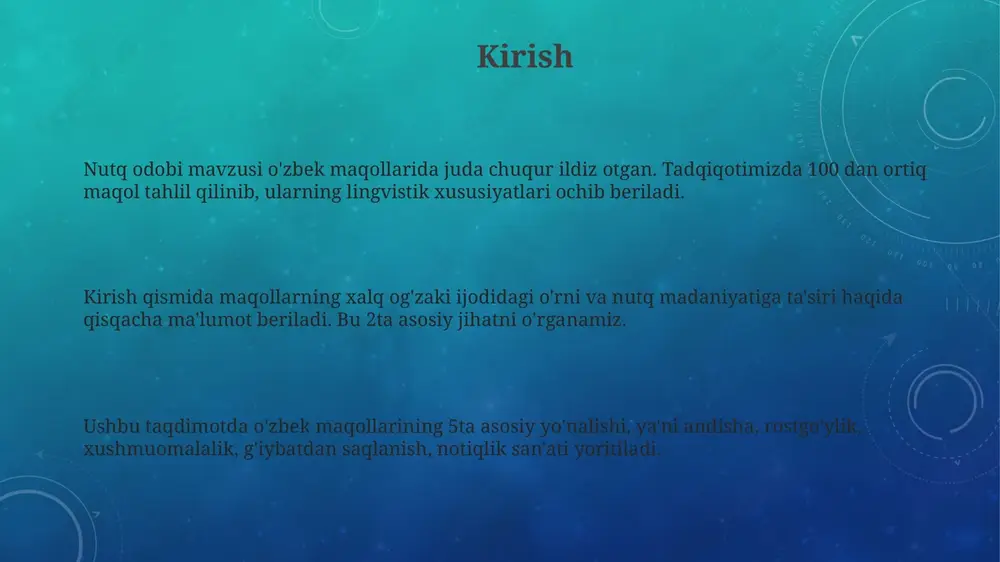 . maqollarda notiqlik san'ati o‘zbek maqollarida notiqlikning ahamiyati nutqning ta’sirchanligi bilan belgilanadi, chunki «yaxshi gap bilan ilon inidan chiqar» degan maqol shunga ishora qiladi. notiqlik san'ati maqollarda fikrni ixcham va lo'nda ifodalash orqali namoyon bo'ladi, masalan, «bir so‘z bilan ming dildan o‘tar» maqoli bunga misol bo'la oladi. maqollarda notiqlikning mohiyati tinglovchini e’tiborga olish va tushunarli so‘zlashdan iborat, ya’ni «gapni eshitganga ayt» maqoli buni tasdiqlaydi. xulosa o'zbek maqollarida nutq odobi, 100 dan ortiq misollarda aks etgan bo'lib, xalqning tilga, andishaga va rostgo'ylikka bo'lgan chuqur e'tiqodini ko'rsatadi. tahlil shuni ko'rsatdiki, maqollarning 75% i bevosita yoki bilvosita nutqning ahamiyatini, 25% i esa g'iybat va yolg'onning salbiy oqibatlarini ta'kidlaydi. kelajakda ushbu tadqiqot asosida maktab o'quv dasturlariga nutq odobi bo'yicha qo'shimcha materiallar kiritish, yosh avlodning axloqiy tarbiyasiga hissa qo'shishi mumkin. e'tiboringiz uchun rahmat slide 1 slide 2 slide 3 slide 4 slide 5 slide 6 slide 7 slide 8 slide 9 slide 10 slide 11 …