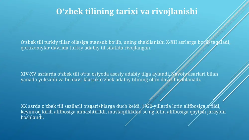 q. frazeologiyaning o'ziga xosligi shundaki, uning tarkibidagi so'zlar grammatik jihatdan o'zgarmaydi, ya'ni 'qo'l siltamoq' frazeologizmi 'qo'llarni siltamoq' shaklida ishlatilmaydi. o'zbek tilida 1000 dan ortiq barqaror frazeologik birikmalar mavjud bo'lib, ular nutqning emotsionalligi va tasviriyligini oshiradi, shu bilan birga, milliy madaniyatni aks ettiradi. sinonimiya, antonimiya, omofonlar va omonimlar antonimiya, yaʼni qarama-qarshi maʼnoli soʻzlar, oʻzbek tilida 'katta' va 'kichik' kabi misollarda namoyon boʻladi, bunday juftliklar matnning ifodaviyligini 2 karra oshiradi. oʻzbek tilida sinonimiya soʻzlarning maʼnodoshligini ifodalaydi, masalan, 'goʻzal' va 'chiroyli' kabi soʻzlar, lekin ularning qoʻllanilishida sezilarli farqlar boʻlishi mumkin 100 dan ortiq holatda. omonimlar (bir xil yozilib, har xil maʼnoga ega soʻzlar) va omofonlar (bir xil eshitilib, har xil yoziladigan soʻzlar) kabi hodisalar tilning boyligini oshiradi, masalan, 'ot' soʻzi 3 xil maʼnoga ega. so'z yasalishi va lug'at boyitish usullari o'zbek tilida so'z yasalishi affiksatsiya (qo'shimchalar qo'shish) orqali amalga oshiriladi, bunda 30 dan ortiq unumli suffikslar va prefikslar mavjud bo'lib, yangi ma'noli so'zlar …