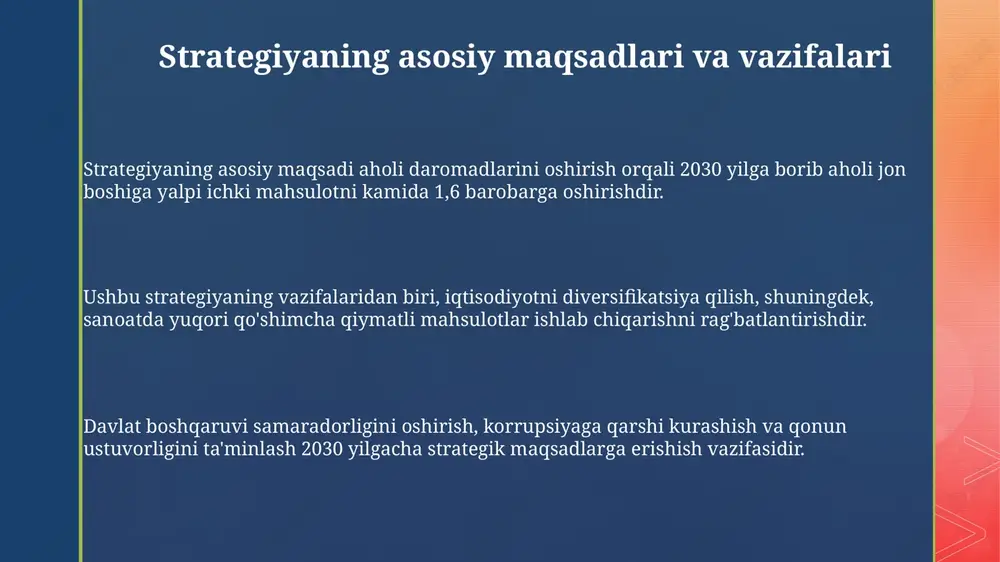 h va infratuzilmani modernizatsiya qilish 2030 yilgacha mintaqaviy rivojlanish infratuzilmani modernizatsiya qilishda asosiy e'tibor 14 ta hududda barqaror iqtisodiy o'sishni ta'minlashga qaratiladi. hududlarda infratuzilmani rivojlantirish uchun davlat- xususiy sheriklik loyihalariga 5 milliard dollar investitsiya kiritilib, transport aloqalarini yaxshilash ko'zda tutilgan. mintaqaviy rivojlanish dasturlarida 30% kam ta'minlangan oilalar uchun uy-joy qurilishi va ijtimoiy xizmatlar ko'rsatishga ustuvor ahamiyat beriladi. e'tiboringiz uchun rahmat slide 1 slide 2 slide 3 slide 4 slide 5 slide 6 slide 7 slide 8 slide 9 slide 10
