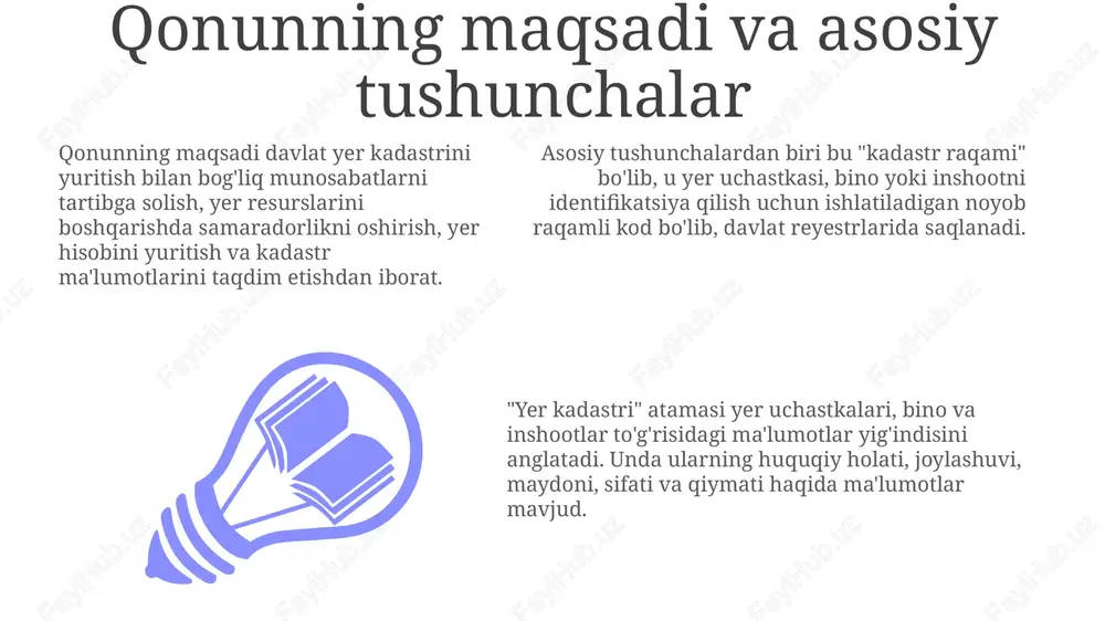 xslar uchun kamida 3 yil ish tajribasi talab etiladi va 10 dan ortiq turdagi xizmatlarni qamrab oladi. yer kadastri nizolari sud tartibida hal etiladi; da'vo muddati 3 yilni tashkil etadi, lekin mulk huquqi bo'yicha nizolar uchun bu muddat qo'llanilmaydi. yer qonunchiligini buzganlik uchun javobgarlik ma'muriy javobgarlik to'g'risidagi kodeksning 65-moddasiga muvofiq belgilanadi, bunda 10 minimal ish haqidan 50 gacha jarima ko'zda tutiladi. e'tiboringiz uchun rahmat slide 1 slide 2 slide 3 slide 4 slide 5 slide 6 slide 7 slide 8 slide 9 slide 10