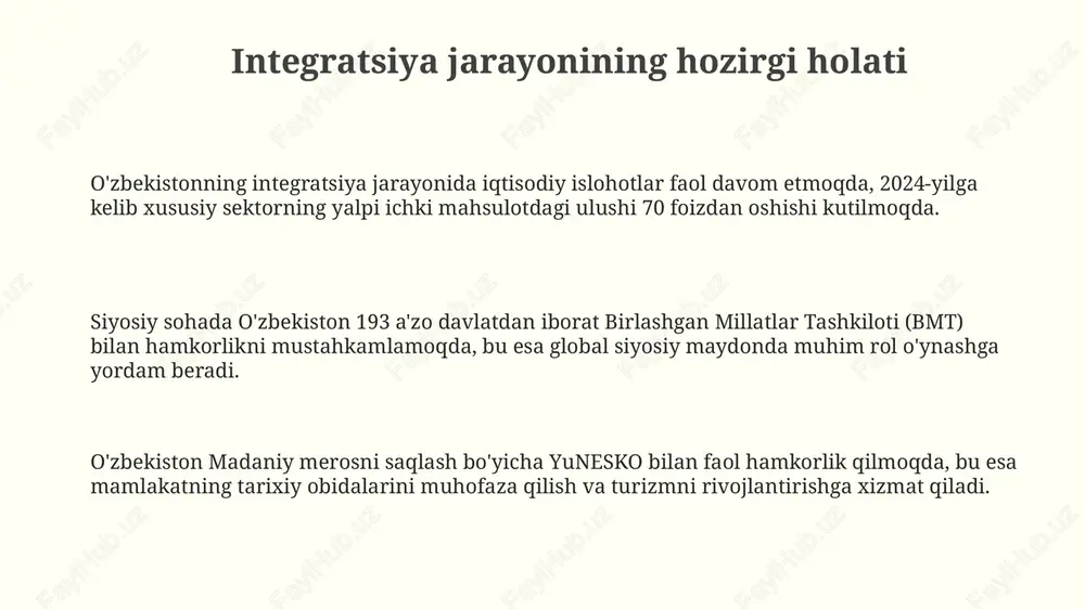 (jst) a'zo bo'lishi savdo siyosatini liberallashtirish, investitsiyalarni jalb qilish va eksport raqobatbardoshligini oshirish uchun muhim qadamdir. hozirda muzokaralar davom etmoqda. investitsiya va innovatsiyalarni jalb qilish investitsiya muhitini yaxshilash maqsadida erkin iqtisodiy zonalar (eiz) sonini ko'paytirish, xususan, 2024- yilda qo'shimcha 5 ta eiz yaratish orqali investorlar uchun qulay sharoit yaratiladi. innovatsiyalarni rivojlantirish uchun 2023- yilda innovatsion rivojlanish vazirligi tomonidan 100 dan ortiq startap loyihalari moliyalashtirildi va bu loyihalarning 30% dan ortig'i xalqaro bozorga chiqdi. prezidentning 2022-yildagi farmoniga asosan, xorijiy investitsiyalarni jalb qilishda davlat kafolatlari mexanizmi soddalashtirildi, natijada 1 milliard aqsh dollaridan ortiq investitsiya kiritishga erishildi. raqobatbardoshlikni oshirish strategiyalari raqamli iqtisodiyotni rivojlantirish orqali biznes jarayonlarini optimallashtirish va 2025- yilgacha it sohasidagi eksport hajmini 2 barobarga oshirish koʻzda tutilgan. sanoatni modernizatsiya qilish va diversifikatsiya qilish orqali raqobatbardoshlikni oshirish, 2026-yilgacha yuqori qoʻshilgan qiymatli mahsulotlar ishlab chiqarishni 30 foizga oshirish maqsad qilingan. inson kapitalini rivojlantirish orqali malakali ishchi kuchini ta’minlash va 2030-yilgacha oliy ma’lumotli aholi …