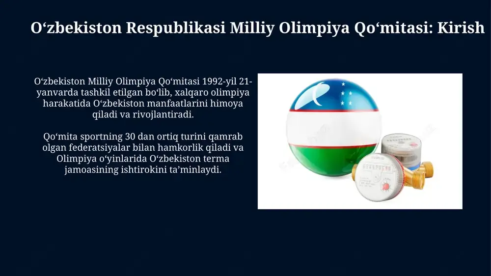 ari bilan aloqalar milliy olimpiya qo‘mitasining strategik vazifalaridan biri bo‘lib, oav bilan muntazam ravishda yangiliklar almashinuvi amalga oshiriladi. qo‘mita matbuot xizmati sport tadbirlari va tashabbuslarini yoritishda ommaviy axborot vositalariga har tomonlama ko‘maklashadi, jumladan, akkreditatsiya va intervyularni tashkil etish orqali. kelajakdagi rejalar va istiqbollar 2028 yilgi los-anjeles olimpiadasiga tayyorgarlik ko'rishda sport infratuzilmasini modernizatsiya qilish va 10 dan ortiq yangi sport maktablarini tashkil etish rejalashtirilgan. milliy terma jamoalar uchun 5 ta yangi o'quv- mashg'ulot markazini qurish va sport tibbiyotini rivojlantirish orqali 2026 yilgi osiyo o'yinlariga yuqori darajada tayyorgarlik ko'rish maqsad qilingan. xulosa o'zbekiston milliy olimpiya qo'mitasi xulosasi 2023-yilda sportni rivojlantirish bo'yicha 15 dan ortiq strategik maqsadlarga erishilganini ko'rsatadi. xulosaga ko'ra, 2030-yilgacha o'zbekistonning sport infratuzilmasiga 50 million aqsh dollaridan ortiq investitsiya kiritish rejalashtirilgan, bu esa yangi imkoniyatlar yaratadi. e'tiboringiz uchun rahmat slide 1 slide 2 slide 3 slide 4 slide 5 slide 6 slide 7 slide 8 slide 9 slide 10 slide 11 …
