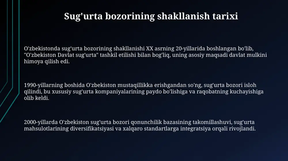 ta'sirining ortishi. imkoniyatlar orasida agrar sug'urtani rivojlantirish katta ahamiyatga ega, chunki qishloq xo'jaligi yaimning 25% dan ortig'ini tashkil etadi va hosilni himoya qilish bozorni kengaytirishga yordam beradi. bozor infratuzilmasi o'zbekiston sug'urta bozorining infratuzilmasi 14 ta baholovchi tashkilotni o'z ichiga oladi, ular sug'urta ob'ektlarini baholash va sug'urta to'lovlari miqdorini aniqlashda muhim rol o'ynaydi. sug'urta bozorida 20 dan ortiq mustaqil aktuariy mavjud bo'lib, ular sug'urta tariflarini hisoblash, risklarni baholash va kompaniyalarning moliyaviy barqarorligini ta'minlash bilan shug'ullanadi. sug'urta brokerlari va agentlari tarmog'i 1000 dan ortiq birlikni tashkil etadi, bu esa sug'urta xizmatlarining keng qamrovli tarqalishini ta'minlaydi va mijozlarga maslahat beradi. raqobat raqobatni kuchaytirish uchun, 2023-yilda sug'urta agentlari va brokerlar sonini 2 barobarga oshirish rejalashtirilgan, bu esa iste'molchilarga ko'proq tanlov imkoniyatini beradi. o'zbekistonda sug'urta bozorida raqobat asosan 30 dan ortiq sug'urta tashkilotlari o'rtasida kechadi, ularning aksariyati narxlar va xizmatlar sifati bo'yicha kurashadi. bozorda 5 ta yetakchi sug'urta kompaniyasi mavjud bo'lib, ular umumiy sug'urta yig'imlarining …