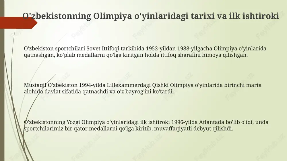 angan sportni rivojlantirish konsepsiyasi aholining 30 foizini sport bilan shug'ullanishga jalb etishni maqsad qilgan. hukumat 2030 yilgacha mamlakatni olimpiya o'yinlarida eng yaxshi 20 talikka kirishini ta'minlash uchun sport infratuzilmasiga milliardlab sarmoya kiritishni rejalashtirmoqda. olimpiya o'yinlarining o'zbekiston ijtimoiy-iqtisodiy hayotiga ta'siri olimpiya o'yinlaridagi muvaffaqiyatlar milliy g'ururni oshirib, jamoatchilik salomatligini yaxshilashga turtki beradi, bu esa sog'liqni saqlash xarajatlarini kamaytirishga yordam beradi va unumdorlikni oshiradi. olimpiya o'yinlariga tayyorgarlik ko'rish uchun infratuzilmani rivojlantirish, yangi sport majmualarini qurish va transport tizimlarini yaxshilash investitsiyalarni rag'batlantiradi va ish o'rinlarini yaratadi. olimpiya o'yinlarida ishtirok etish va medallar qo'lga kiritish mamlakatning xalqaro imijini yaxshilaydi, turizmni rivojlantiradi va xorijiy investitsiyalarni jalb qilishga yordam beradi. e'tiboringiz uchun rahmat image1.png