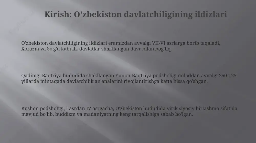 chilikning yuksalishi amir temur davlati xiv asrda movarounnahr va xurosonni birlashtirib, markazlashgan imperiya tuzdi, bu esa davlatchilikning yuksalishiga turtki bo'ldi. temuriylar davrida (xv asr) ilm-fan, madaniyat va hunarmandchilik rivojlandi, bu esa davlatning siyosiy va iqtisodiy qudratini oshirdi. samarqand poytaxtga aylandi. shayboniylar xvi asrda temuriylarni siqib chiqarib, buxoro xonligini tuzdilar va bu bilan mintaqada yangi davlatchilik shaklini o'rnatdilar. e'tiboringiz uchun rahmat slide 1 slide 2 slide 3 slide 4 slide 5 slide 6 slide 7 slide 8 slide 9 slide 10