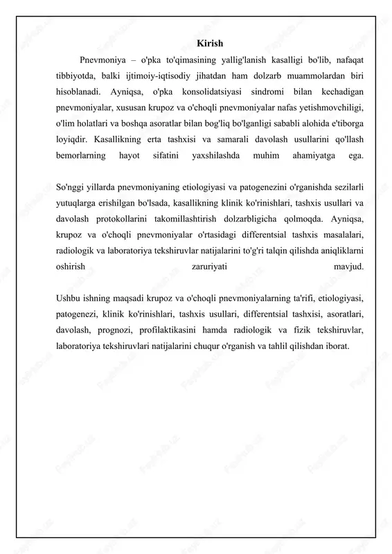 'lar yoki aspiratsiya. patogenez (rivojlanish) to'rtta bosqichda rivojlanadi: qizarish, gepatizatsiya (qizil va kulrang), rezolyutsiya (erish). alveolalar fibrin, leykotsitlar va eritrotsitlar bilan to'ladi. bronxiolalar va ularga tutash alveolalarning yallig'lanishi va konsolidatsiyasi. konsolidatsiya o'choqlari bronxlar orqali tarqalishi mumkin. rentgen belgisi lobning bir xilda zichlashishi, havo bronxogrammasi ko'rinishi mumkin. lobar chegara aniq ko'rinadi. o'pkaning turli sohalarida parchali yoki dog'li zichlashishlar. havo bronxogrammasi ko'rinmasligi mumkin. chegaralari aniq emas. umumiy xususiyatlar odatda yuqori isitma, qaltirash, pleurit og'rig'i va zang rangli balg'am bilan namoyon bo'ladi. kasallik birdan boshlanadi. odatda sekinroq boshlanadi. isitma, yo'tal va nafas qisilishi kuzatilishi mumkin. balg'am seroz yoki yiringli bo'lishi mumkin. krupoz pnevmoniyaning etiologiyasi va rivojlanish bosqichlari krupoz pnevmoniyaning asosiy qo'zg'atuvchisi streptococcus pneumoniae bakteriyasi hisoblanadi, ammo ba'zida klebsiella pneumoniae yoki boshqa bakteriyalar ham sabab bo'lishi mumkin. infeksiya havo-tomchi yo'li bilan yuqadi, ya'ni kasallangan odam yo'talganda yoki aksirganda havoga tarqaladigan tomchilar orqali tarqaladi. xavf omillariga yosh bolalar, keksa odamlar, surunkali kasalliklari bo'lgan odamlar (masalan, …