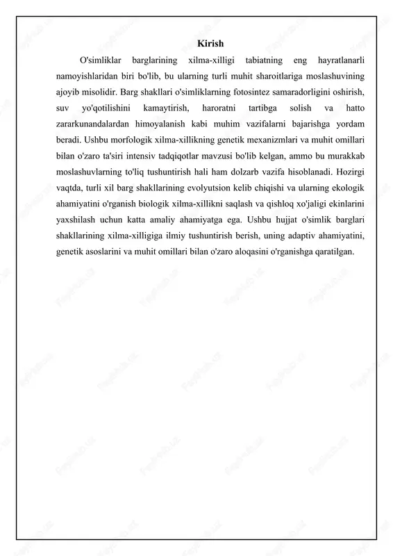 omatalarning zichligi va joylashuvi transpiratsiya darajasini va co2 ning assimilyatsiyasini belgilaydi. barg shakli, masalan, bo'lingan yoki o'yilgan barglar, shamol orqali havo oqimini yaxshilaydi va barg yuzasidagi co2 ta'minotini oshiradi. bu esa, fotosintez samaradorligini oshirishga yordam beradi. shuningdek, qalin barglar kamroq transpiratsiya bilan fotosintezni davom ettirishi mumkin, bu qurg'oqchil sharoitlarda muhim ahamiyatga ega. barg shakllarining xilma-xilligi: adaptatsiya va evolyutsion sabablar📋 o'simliklardagi barg shakllarining xilma-xilligini ilmiy izohlash, bu xilma-xillikning adaptatsiya va evolyutsion sabablari. [diagramma qo'shish xatosi: no elements provided] barg shaklining genetik va rivojlanish mexanizmlari barg shakli murakkab genetik va rivojlanish mexanizmlari orqali boshqariladi. barg shaklini belgilaydigan genlar o'simlikning rivojlanish jarayonida ma'lum signal yo'llarini faollashtiradi. misol uchun, knox genlari bargning shakli va tuzilishini belgilashda muhim rol o'ynaydi. ushbu genlar barg meristemasi (o'sish nuqtasi) faoliyatini boshqaradi va bargning shakllanish jarayonini nazorat qiladi. auxin va cytokinin kabi o'simlik gormonlari ham barg shakllanishida muhim rol o'ynaydi. auxin bargning uzunligini, cytokinin esa bargning kengligini boshqaradi. ushbu …