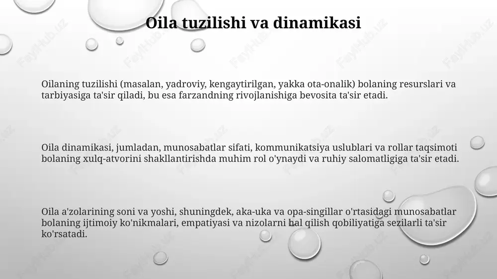 'sir qiladi, bu esa bolaning xulq- atvoriga salbiy ta'sir ko'rsatadi. zamonaviy ota-onalikda texnologiya bilan bog'liq muammolar ko'p, masalan, ekran oldida o'tkazadigan vaqtni cheklash, kibermakonga qaramlik va 70% dan ortiq bolalarning xavfsizligini ta'minlash. iqtisodiy noaniqlik va ish- hayot muvozanati zamonaviy ota-onalik uchun jiddiy stress omili bo'lib, bu esa 40% dan ortiq ota-onalarda ruhiy kasalliklarni keltirib chiqaradi. e'tiboringiz uchun rahmat slide 1 slide 2 slide 3 slide 4 slide 5 slide 6 slide 7 slide 8 slide 9 slide 10