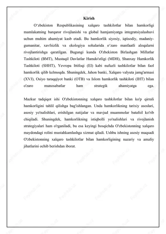 iy xizmat sifatini oshirish. osiyo taraqqiyot banki (asian development bank, adb) transport infratuzilmasini rivojlantirish, energetika, suv ta'minoti va sanitariya, xususiy sektorning rivojlanishiga ko'maklashish. avtomobil yo'llarini rekonstruksiya qilish loyihalari (masalan, "g'uzor-buxoro-nukus-beyneu avtomobil yo'lining rekonstruksiyasi"), suv ta'minoti tizimlarini modernizatsiya qilish loyihalari (masalan, "toshkent shahrining suv ta'minoti"), kichik va o'rta biznesni qo'llab-quvvatlash dasturlari. yevropa tiklanish va taraqqiyot banki (european bank for reconstruction and development, ebrd) xususiy sektor, ayniqsa, kichik va o'rta biznesni qo'llab-quvvatlash, energetika samaradorligini oshirish, infratuzilmani modernizatsiya qilish. kichik biznesni kreditlash dasturlari (masalan, "ebrdning maslahat dasturi"), energetika samaradorligini oshirish loyihalari (masalan, "issiqlik elektr stansiyalarini modernizatsiya qilish"), xususiy banklarni qo'llab-quvvatlash orqali moliyaviy sektorning rivojlanishiga hissa qo'shish. islom taraqqiyot banki (islamic development bank, idb) qishloq xo'jaligi, ta'lim, sog'liqni saqlash sohalarida islohotlar o'tkazish, infratuzilmani rivojlantirish, islom moliyaviy instrumentlaridan foydalanish. qishloq xo'jaligi mahsulotlarini qayta ishlash korxonalarini moliyalashtirish, ta'lim muassasalarini qurish va jihozlash, sog'liqni saqlash muassasalarini modernizatsiya qilish loyihalari, kichik biznesni qo'llab-quvvatlash maqsadida islom moliyaviy vositalaridan foydalanish. …