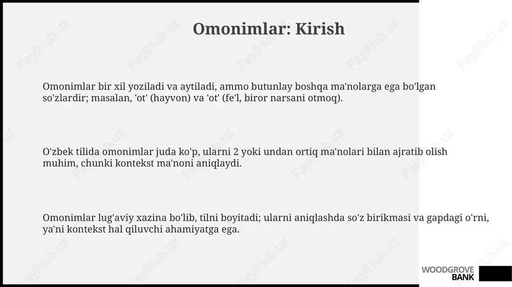 igi mumkin, chunki ularning qo'llanilishi uslubiy bo'yoq, ma'no nozikligi kabi omillarga bog'liq bo'lishi mumkin. woodgrove bank sinonimlarning ahamiyati matnning uslubini aniqlashda sinonimlar muhim rol o'ynaydi. "hayratlanarli" so'zi rasmiy uslubga mos keladi, "ajoyib" esa 2-3 ta variant bilan norasmiy vaziyatga ko'proq mos keladi. sinonimlar nutqni boyitadi, takrorlanishning oldini oladi. masalan, "chiroyli" o'rniga "go'zal", "dilbar", "latofatli" kabi 4-5 ta sinonim ishlatib, ifodani rang-barang qilish mumkin. sinonimlar ma'noning nozik farqlarini ifodalash imkonini beradi. misol uchun, "qo'rquv" va "dahshat" deyarli bir xil ma'noga ega, ammo "dahshat" 100% ko'proq kuchliroq his-tuyg'uni anglatadi. woodgrove bank sinonimlarning turlari mutlaq sinonimlar 100% almashtiriladi, masalan, 'tilshunoslik' va 'lingvistika'. ular juda kam uchraydi, chunki ko'p so'zlar ma'noda ozgina farqlarga ega yoki turli xil kontekstlarda ishlatiladi. ma'noviy sinonimlar ma'nolari yaqin, lekin bir xil emas, masalan 'yaxshi' va 'ajoyib'. farqlar intensivlik, hissiy bog'liqlik yoki ishlatiladigan holatlarda bo'lishi mumkin, 90% sinonimlar shu turga mansub. uslubiy sinonimlar bir xil ma'noga ega, ammo turli xil …