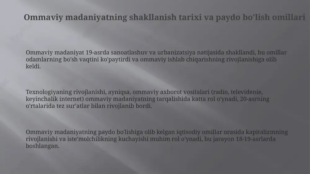 anqid qilish va kelajak tendentsiyalari ommaviy madaniyat tanqidchilari ko'pincha uning 1) sayozligi, 2) haqiqiylik yo'qligi va 3) iste'molchilikni rag'batlantirishini ta'kidlaydilar, bu esa 4) madaniy xilma-xillikni yo'q qilishi mumkin. kelajak tendentsiyalari 1) sun'iy intellektning roli, 2) virtual reallikning ta'siri va 3) shaxsiy mazmunni yaratishning o'sishi kabi 4) texnologik o'zgarishlar bilan belgilanadi. globalizatsiya bilan birga, ommaviy madaniyatda 1) mahalliy madaniyatlarning assimilyatsiyasi, 2) gibrid madaniy shakllarning paydo bo'lishi va 3) turli madaniyatlarning o'zaro ta'siri kabi 4) muammolar yuzaga keladi. e'tiboringiz uchun rahmat