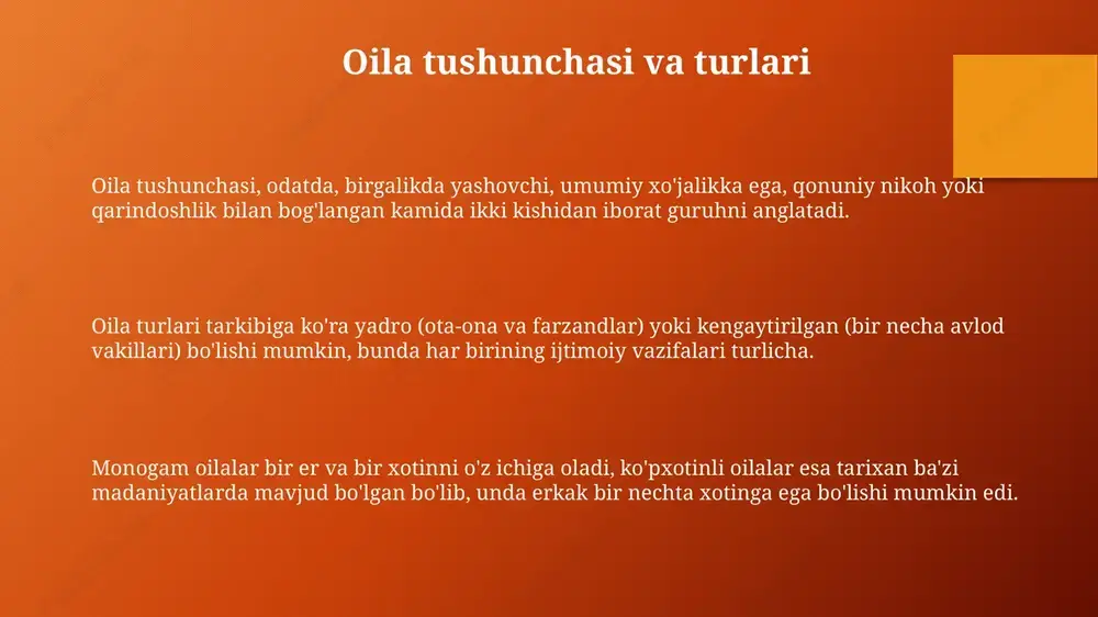 ncha 1-2 ta, bu iqtisodiy bosim va ayollarning ta'lim darajasi oshishi natijasida kelib chiqmoqda. ajralishlar soni ortib borayotgani kuzatilmoqda, bu moliyaviy qiyinchiliklar, muloqot yetishmasligi va oilaviy zo'ravonlik kabi muammolar bilan bog'liq. e'tiboringiz uchun rahmat slide 1 slide 2 slide 3 slide 4 slide 5 slide 6 slide 7 slide 8 slide 9 slide 10