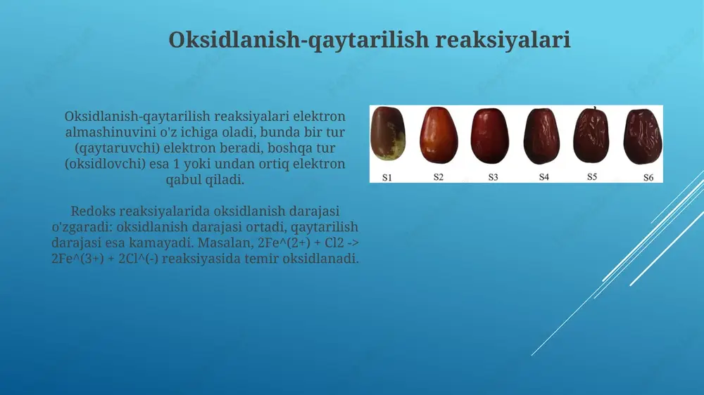 ishtirok etsa (n=1), temirning atom og'irligi (55.845 g/mol) uning ekvivalent og'irligiga teng bo'ladi, ya'ni 55.845 g/ekv. laboratoriya jarayoni laboratoriya jarayonida aniq o'lchovlar olinadi: oksidlovchi yoki qaytaruvchi moddaning 0.1000 g namunasini tahlil qilish uchun analitik tarozida tortiladi va hajmli kolbaga solinadi. titrlash jarayonida ma'lum konsentratsiyali standart eritma (masalan, 0.02 m kmno4) noma'lum konsentratsiyali eritma bilan, redoks indikatorining rang o'zgarishigacha (0.1 ml tomchilar bilan) sekin titrlanadi. xavfsizlik choralari reaktivlar bilan ishlashda shaxsiy himoya vositalarini, masalan, himoya ko'zoynaklari va qo'lqoplarni doimo taqing, chunki ko'plab oksidlovchi va qaytaruvchi moddalar korroziv bo'lishi mumkin. laboratoriyada yaxshi shamollatishni ta'minlash juda muhim, ayniqsa 1 m dan yuqori konsentratsiyadagi oksidlovchi yoki qaytaruvchi gazlar hosil bo'lishi mumkin bo'lgan reaktsiyalar vaqtida. xatolik manbalari va ularni kamaytirish titrlashda byuretaning noto‘g‘ri kalibrlanishi xatolikka olib kelishi mumkin. byuretani kalibrlash va aniqlikni oshirish uchun 0,01 ml gacha aniqlikdagi o‘lchov asboblaridan foydalanish kerak. indikatorning o‘zgarish nuqtasini aniqlashdagi subyektivlik xatolikka olib kelishi mumkin. redoks indikatorlarining turli xilligidan …