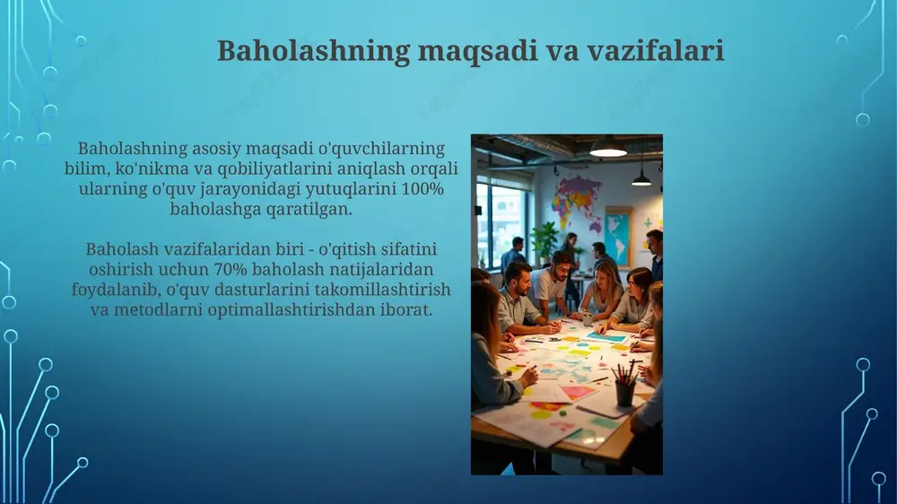 mkonini beradi, bunda savollar o'quvchining javoblariga qarab, qiyinlik darajasi bo'yicha moslashtiriladi, shuningdek, 15 daqiqadan so'ng natijalarni taqdim etadi. elektron portfoliolar talabalarga o'z ishlarini raqamli formatda (masalan, videolar, matnlar, taqdimotlar) to'plash va baholash uchun taqdim etish imkonini beradi, bu esa 25% samaraliroq bo'lishi mumkin. baholashning qonunchilik asoslari o'zbekiston respublikasining “ta’lim to‘g‘risida”gi qonunining 10-moddasida ta’lim sifatini baholash tizimi davlat ta’lim standartlariga muvofiqligi ta’minlanishi belgilangan. vazirlar mahkamasining 2019-yil 8-maydagi 374- son qarori bilan tasdiqlangan nizomda baholash mezonlari va tartibi aniq belgilanib, ularga rioya qilish majburiyligi ko'rsatilgan. muammolar va yechimlar baholashdagi asosiy muammo – bu xolislikni ta'minlashdir. yechim sifatida aniq mezonlar va standartlar ishlab chiqish hamda 360 darajalik baholash usulidan foydalanish mumkin. baholash jarayonida vaqt va resurslarning yetishmasligi dolzarb muammodir. yechim sifatida avtomatlashtirilgan baholash vositalari va 2 bosqichli baholash tizimini joriy etish tavsiya etiladi. e'tiboringiz uchun rahmat slide 1 slide 2 slide 3 slide 4 slide 5 slide 6 slide 7 slide 8 slide …