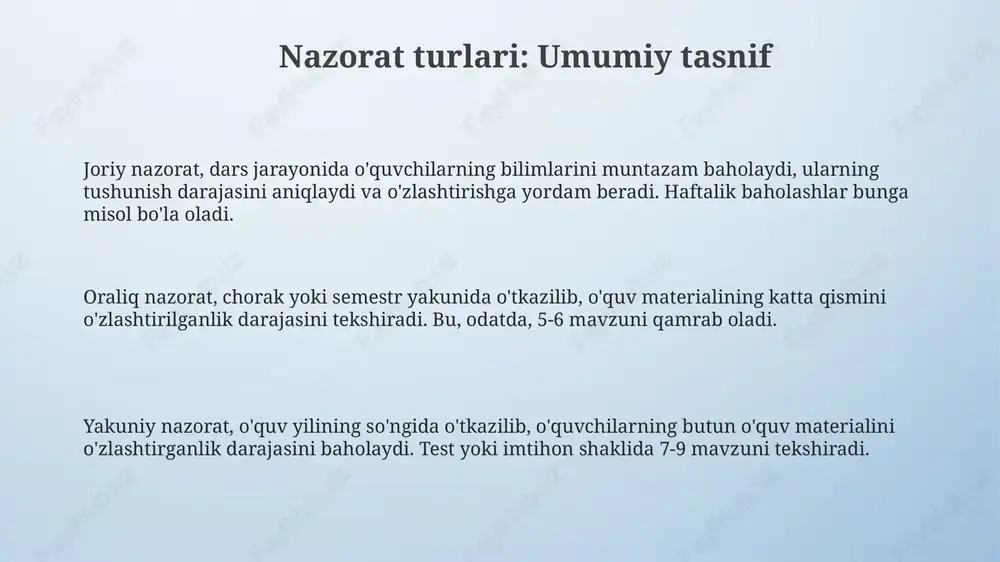 ortiq test platformalari va interaktiv topshiriqlar yaratish vositalari, ularning natijalari avtomatik ravishda baholanadi. raqamli texnologiyalar, masalan, 3d simulyatsiyalar va virtual laboratoriyalar, o'quvchilarga amaliy ko'nikmalarni rivojlantirishga yordam beradi, bu esa nazorat jarayonida 2 barobar ko'proq baholash imkoniyatini beradi. elektron portfoliolar o'quvchilarning ishlarini to'plash va baholash uchun qulay platforma bo'lib, 5 dan ortiq turli formatdagi topshiriqlarni birlashtiradi va baholash mezonlariga muvofiq baholanadi. e'tiboringiz uchun rahmat slide 1 slide 2 slide 3 slide 4 slide 5 slide 6 slide 7 slide 8 slide 9 slide 10