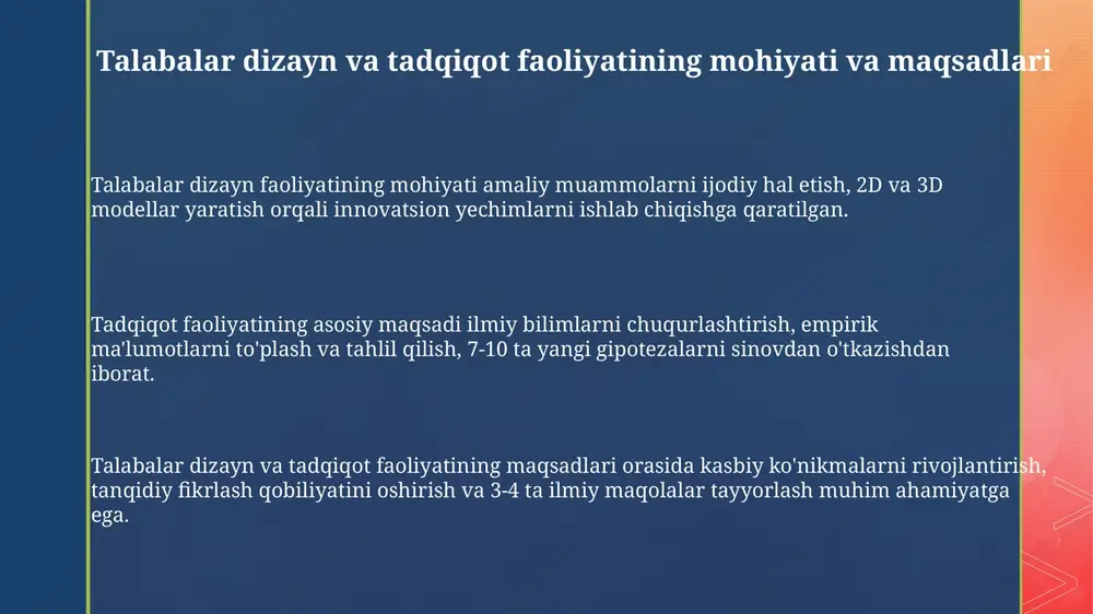 arning ilmiy salohiyatini oshirish uchun 2024-2030-yillarda yangi texnologiyalar asosida innovatsion markazlar tashkil etish rejalashtirilgan. resurslar bazasini mustahkamlash maqsadida, 2025-yilga qadar dizayn va tadqiqot faoliyati uchun grant mablag’lari 30 foizga oshirilishi kutilmoqda. 2026-yildan boshlab, talabalarning loyihalari uchun sanoat korxonalari bilan hamkorlikni kuchaytirish orqali amaliy yo'nalishga e'tibor qaratiladi. e'tiboringiz uchun rahmat slide 1 slide 2 slide 3 slide 4 slide 5 slide 6 slide 7 slide 8 slide 9 slide 10