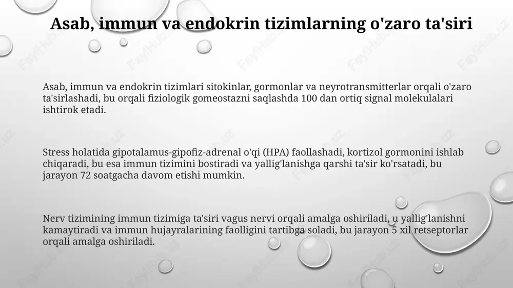 iv immunitetni faollashtiradi. davolash strategiyalari: istiqbollar va yondashuvlar nerv-immun-endokrin tizimlarga ta'sir qiluvchi erta bosqichdagi davolash strategiyalari molekulyar nishonlarga asoslangan aniq dori vositalarini, masalan, sitokinlarni inhibe qiluvchi 3- avlod dorilarni o'z ichiga oladi. kelajakdagi yondashuvlar gen terapiyasi va crispr kabi texnologiyalardan foydalangan holda immunitet hujayralari faoliyatini sozlashni, shu bilan birga autoimmun kasalliklarni davolashning 85-90% gacha yaxshilashni o'z ichiga oladi. psixo-neyro-endokrino- immunologik buzilishlarni davolashda psixoterapiya, dori-darmonlar va hayot tarzi o'zgarishlarini birlashtirgan kompleks yondashuvlar, 70% bemorlarda sezilarli yaxshilanishlarni ta'minlaydi. e'tiboringiz uchun rahmat slide 1 slide 2 slide 3 slide 4 slide 5 slide 6 slide 7 slide 8 slide 9 slide 10