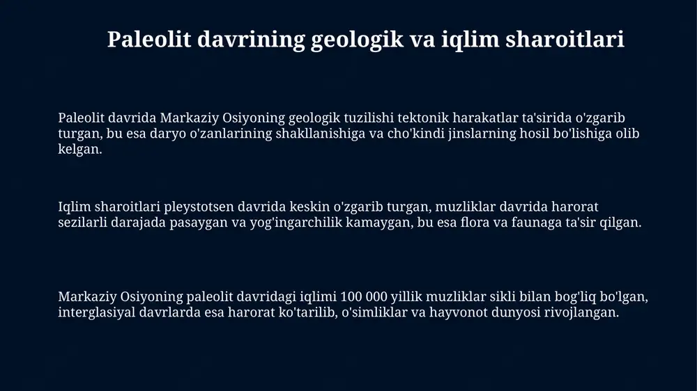 ri va ov usullari markaziy osiyo paleolit davrida aholi asosan yirik sutemizuvchilar, masalan, mamontlar, junli karkidonlar va yovvoyi otlarni ovlagan, ularning go'shti va yog'i muhim energiya manbai bo'lgan. o'simlik resurslari ham muhim rol o'ynagan; terimchilik orqali rezavorlar, ildizlar va yong'oqlar yig'ilgan, bu ratsionga zaruriy vitaminlar va minerallarni qo'shgan. paleolit davri ovchilar mızalar va qopqonlar kabi turli usullardan foydalanganlar, shuningdek, o'tkir toshli qirrali nayzalar va o'qlar yasashgan, bu esa yirik hayvonlarni muvaffaqiyatli ovlash imkonini bergan. paleolit davri odamlarining ijtimoiy tuzilmasi va turmush tarzi arxeologik topilmalar shuni ko'rsatadiki, paleolit davri odamlari orasida mehnat taqsimoti mavjud bo'lgan, erkaklar ovchilik bilan, ayollar esa yig'uvchilik va bolalarni tarbiyalash bilan shug'ullangan. paleolit davri odamlari odatda 20-30 kishilik kichik guruhlarda yashagan, bu guruhlar ko'pincha oilaviy aloqalarga asoslangan bo'lib, oziq-ovqat resurslarini samarali taqsimlash imkonini bergan. paleolit davri odamlari o'z hayot tarzida mavsumiy migratsiyalarga tayangan, ular oziq- ovqat manbalari (masalan, hayvonlar migratsiyasi) ortidan ko'chib yurishgan va vaqtinchalik lagerlarda yashashgan. …