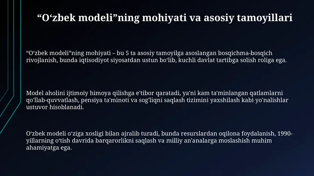 oshirish, qayta tiklanadigan energiya manbalaridan foydalanishni kengaytirish, transport infratuzilmasini modernizatsiya qilish, va ekologik muvozanatni saqlash muhim vazifalardan hisoblanadi. e'tiboringiz uchun rahmat slide 1 slide 2 slide 3 slide 4 slide 5 slide 6 slide 7 slide 8 slide 9