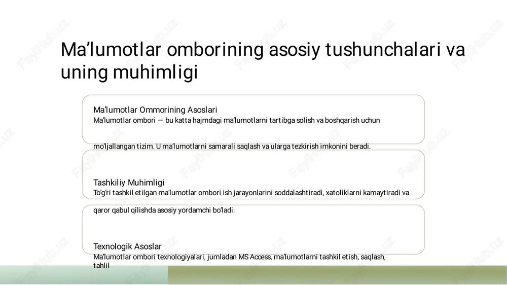 � ma’lumotlarning ishonchliligi va� amalgaoshiring.� ayniqsa, uzbek tilida yozishda� xavfsizligini oshiradi.� muhimdir.� msaccess yordamidama’lumotlar bazasining asosiy strukturalari� 1� 2� 3� ma’lumotlar bazasi� jadval va maydonlar� so’rovlar va filtrlash� strukturalari� msaccessdama’lumotlar� jadval ma’lumotlar bazasining� so’rovlar yordamidama’lumotlar� bazasining asosiy strukturalari,� yuragi bo’lib, satrlar va� bazasidan kerakli ma’lumotlarni� jadval, so’rovlar, shakllar va� ustunlardan tashkil topgan.har� tezva samarali qidirishmumkin.� hisobotlardan iborat bo’lib, ular� bir maydonma’lumotlarning� bu jarayonma’lumotlarni filtrlash� ma’lumotlarni samarali saqlash� turini va xususiyatini belgilaydi.� va tahlil qilishdamuhimdir.� va boshqarishni ta’minlaydi.� ma’lumotlarni saqlash va boshqarish uchun ms accessda jadval va so’rovlar tizimi� 1� 2� 3� jadval tuzilishi� so’rovlar tizimi� ma’lumotlarni boshqarish� msaccessda jadval� so’rovlar yordamida� msaccessda jadval va so’rovlar� ma’lumotlarni tartibgasolish� ma’lumotlarni filtrlaymiz, tahlil� orqali ma’lumotlarni qo’shish,� uchun asosiy vositadir. ular� qilamizva kerakli natijalarni� o’zgartirish vao’chirishmumkin.� ustunlar vaqatorlardan iborat� tezdaolamiz. bu jarayon� bu esama’lumotlarni samarali va� bo’lib, ma’lumotlarni tezvaaniq� ma’lumotlar bilan ishlashda� xavfsiztarzdaboshqarishga� saqlash imkonini beradi.� samaradorlikni oshiradi.� yordam beradi.� msaccessdama’lumotlarni tahlil qilish va …
