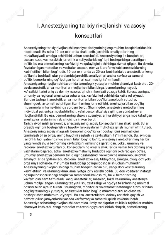 itorlar rivojlanishi bilan birga, bemorlarning hayotiy ko‘rsatkichlarini aniq va doimiy nazorat qil ish imkoniyati yuzaga keldi. bu esa, ayniqsa, umumiy va regional anesteziya sohalarida, xavfsizl ikni oshirishda katta rol o‘ynadi. bundan tashqari, anestetiklar va monitorlar bilan bog‘l iq texnologik yutuqlar, shuningdek, avtomatlashtirilgan tizimlarning joriy etil ishi, anesteziya bilan bog‘l iq muammolarni kamaytirishga yordam berdi. shuningdek, anesteziya metodlarining individual patientgamoslashtiril ishi, ya’ni personalizatsiya qil ingan yondashuvlar rivojlantirildi. bu esa, bemorlarning shaxsiy xususiyatlari va ehtiyojlariga mos keladigan anesteziya rejalarini ishlab chiqishga imkon berdi.� tarixiy rivojlanish jarayonida, anesteziyaning asosiy konseptlari ham shakllandi. bular orasida og‘riqni boshqarish va hayotiy funksiyalarni muhofaza qil ish muhim o‘rin tutadi. anesteziyaning asosiy maqsadi, bemorning og‘riq va noqulayligini sezmasligini ta'minlash bilan birga, uning hayotini saqlash va xavfsizl igini ta’minlashdir. bu, ayniqsa, jarrohlik faoliyatining rivojlanishi bilan bog‘l iq bo‘l ib, anesteziya metodlarining har bir yangi yondashuvi bemorning xavfsizl igini oshirishga qaratilgan. lokal, umumiy va regional anesteziya turlari bu konseptlarning amaliy …