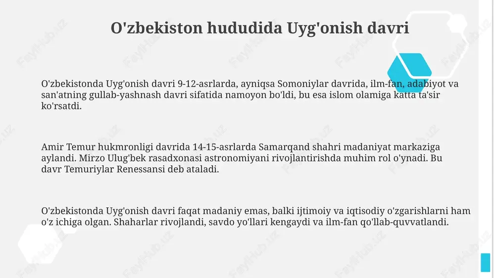 ilmining yuksalishi: ibn sino merosi ibn sino "tib qonunlari" asari 5 jilddan iborat bo'lib, unda 760 xildan ortiq dorivor o'simliklar tavsifi, kasalliklar diagnostikasi va davolash usullari batafsil yoritilgan. avitsenna mikrobial infeksiyalar g'oyasini ilgari surdi va dori vositalarining samaradorligini sinash uchun klinik sinovlar o'tkazishning ahamiyatini ta'kidladi. u 100 dan ortiq asar yaratgan. ibn sino asarlari, xususan, "tib qonunlari" xvii asrgacha yevropa universitetlarida tibbiyot bo'yicha asosiy darslik sifatida o'qitilgan, bu uning ilmga ta'sirini tasdiqlaydi. tarixshunoslik va geografiya taraqqiyoti mahmud qoshg'ariyning xi asrda yozilgan "devonu lug'atit turk" asari turkiy xalqlar tarixi, geografiyasi va tili haqidagi ma'lumotlarni o'z ichiga olgan qomusiy asar hisoblanadi. abu rayhon beruniyning "hindiston" asari xi asrda yaratilgan bo'lib, unda hindistonning tarixi, geografiyasi va madaniyati haqida batafsil ma'lumotlar berilgan, bu tarixiy manba sifatida qimmatlidir. mirzo ulug'bek davrida samarqandda yaratilgan geografik xaritalar va jadvalalar xv asrda o'sha davr uchun juda aniq bo'lgan va jahon geografiyasiga muhim hissa qo'shgan. alisher navoiy: uyg'onish davrining …