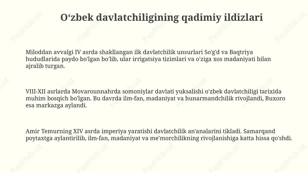 o'lib, bu o'zbekistonning davlat mustaqilligini e'lon qilishning huquqiy asosini yaratdi. ushbu qaror bilan o'zbekiston ssr hududida sssr konstitutsiyasi va qonunlarining ustuvorligi to'xtatilib, respublika qonunchiligining ustunligi e'lon qilindi, bu muhim siyosiy o'zgarish edi. qarorga muvofiq, 1991 yil 29 dekabrda mustaqillik referendumini o'tkazish belgilandi, bu xalqning mustaqillikni qo'llab-quvvatlashini aniqlash va uning legitimligini mustahkamlash uchun muhim qadam bo'ldi. mustaqillik deklaratsiyasi: erkinlik manifesti deklaratsiya oʻzbekiston ssrning oʻz hududida yer, suv, yer osti boyliklari, oʻsimlik va hayvonot dunyosi, moddiy va maʼnaviy boyliklar ustidan toʻliq suverenitetini tasdiqladi. mustaqillik deklaratsiyasi oʻzbekiston ssr oliy kengashi tomonidan 1990-yil 20-iyun kuni qabul qilingan boʻlib, respublikaning siyosiy va iqtisodiy mustaqilligi tamoyillarini eʼlon qilgan. ushbu hujjatda oʻzbekiston ssrning boshqa ittifoqdosh respublikalar va dunyo davlatlari bilan oʻzaro manfaatli siyosiy, iqtisodiy va madaniy aloqalarni oʻrnatish huquqi belgilab qoʻyilgan edi. referendum natijalari: xalq irodasi 1991 yil 29 dekabrda bo‘lib o‘tgan referendumda o‘zbekistonning mustaqilligi uchun ovoz berganlarning 98,3 foizi xalqning qat’iy irodasini namoyon etdi. bu natija …