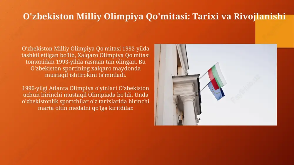 ar mavjudligini tan olish kerak. kelajak rejalar va istiqbollar 2028-yilgi los-anjeles olimpiya o'yinlariga tayyorgarlikning yangi bosqichi, o'smirlar sportini rivojlantirish orqali 100 ta istiqbolli sportchini aniqlash va ularni qo'llab-quvvatlash rejalashtirilgan. milliy olimpiya qo'mitasi 2026-yilgi qishki olimpiya o'yinlarida ishtirok etish uchun qishki sport turlarini rivojlantirishga e'tibor qaratadi, bu orqali kamida 5 ta yangi sport inshooti quriladi. o'zbekistonda olimpiya harakatini rivojlantirish milliy olimpiya qoʻmitasi 2024-2028-yillarda bolalar sportini rivojlantirish boʻyicha kompleks dasturlarni ishlab chiqish orqali olimpiya harakatini keng yoyishga harakat qilmoqda. oʻzbekistonda olimpiya taʼlimini kuchaytirish uchun maktablarda “olimpiya kunlari” kabi tadbirlar oʻtkazilib, yosh avlodni olimpiya qadriyatlari bilan tanishtirish rejalashtirilgan. jamoatchilik bilan aloqalar va marketing o'zbekiston milliy olimpiya qo'mitasi ommaviy axborot vositalari bilan muntazam hamkorlikni yo'lga qo'ygan, sport musobaqalarining 70%ini yoritadi va sportchilarning 95%iga homiylik shartnomalarini tuzishda yordam beradi. qo'mita, ayniqsa, 2024-yilgi parij olimpiadasi oldidan ijtimoiy tarmoqlarda marketing kampaniyalarini faol olib boradi, bunda 500 mingdan ortiq obunachilarni jalb qilish va xabardorlikni oshirish maqsad qilingan. e'tiboringiz …