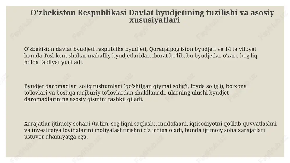 rayoni tasdiqlangan xarajatlar smetalariga asoslanadi, har bir soha uchun alohida kodekslar, masalan, 22210 - ta'lim xarajatlari bo'yicha xarajatlar amalga oshiriladi. byudjet barqarorligi, davlat qarzi va byudjet prognozi byudjet barqarorligi, davlat qarzini boshqarish strategiyasi va makroiqtisodiy prognozlar asosida davlatning moliyaviy resurslari o'zgarishiga chidamliligini ta'minlashga qaratilgan kompleks chora- tadbirlarni o'z ichiga oladi. davlat qarzi yimning 60% dan oshmasligi belgilangan, bu barqarorlik ko'rsatkichi bo'lib, qarzni samarali boshqarish va moliyaviy xavflarni kamaytirish uchun zarurdir. byudjet prognozi 3-5 yilga mo'ljallangan bo'lib, soliq tushumlarining o'sishi, iqtisodiy rivojlanish sur'atlari va demografik o'zgarishlar kabi asosiy ko'rsatkichlarni hisobga oladi. e'tiboringiz uchun rahmat slide 1 slide 2 slide 3 slide 4 slide 5 slide 6 slide 7 slide 8 slide 9 slide 10