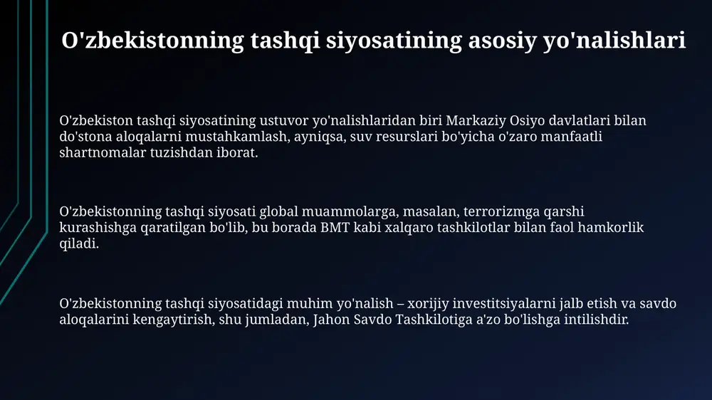 aloqalarning mustahkamlanayotganini ko'rsatadi va $6 milliarddan oshdi. global muammolarni hal etishdagi hissasi va kelajak istiqbollari o'zbekiston orol dengizi inqirozini yumshatish bo'yicha ko'p tomonlama sa'y- harakatlarga faol hissa qo'shmoqda, xususan, bmtning orolbo'yi uchun inson xavfsizligi bo'yicha ko'p tomonlama sheriklik trast fondini qo'llab-quvvatlash orqali. mamlakat global terrorizmga qarshi kurashda faol ishtirok etib, shanxay hamkorlik tashkiloti kabi mintaqaviy tuzilmalar doirasida hamkorlikni mustahkamlab, terrorizmga qarshi kurash strategiyalarini ishlab chiqishda ishtirok etadi. o'zbekiston barqaror rivojlanish maqsadlariga erishishga intilib, kambag'allikni kamaytirish, ta'limni yaxshilash va gender tengligini ta'minlash bo'yicha milliy dasturlarni amalga oshirmoqda, bunda 2030 yilgacha mo'ljallangan kun tartibiga mos harakat qiladi. e'tiboringiz uchun rahmat slide 1 slide 2 slide 3 slide 4 slide 5 slide 6 slide 7 slide 8 slide 9 slide 10