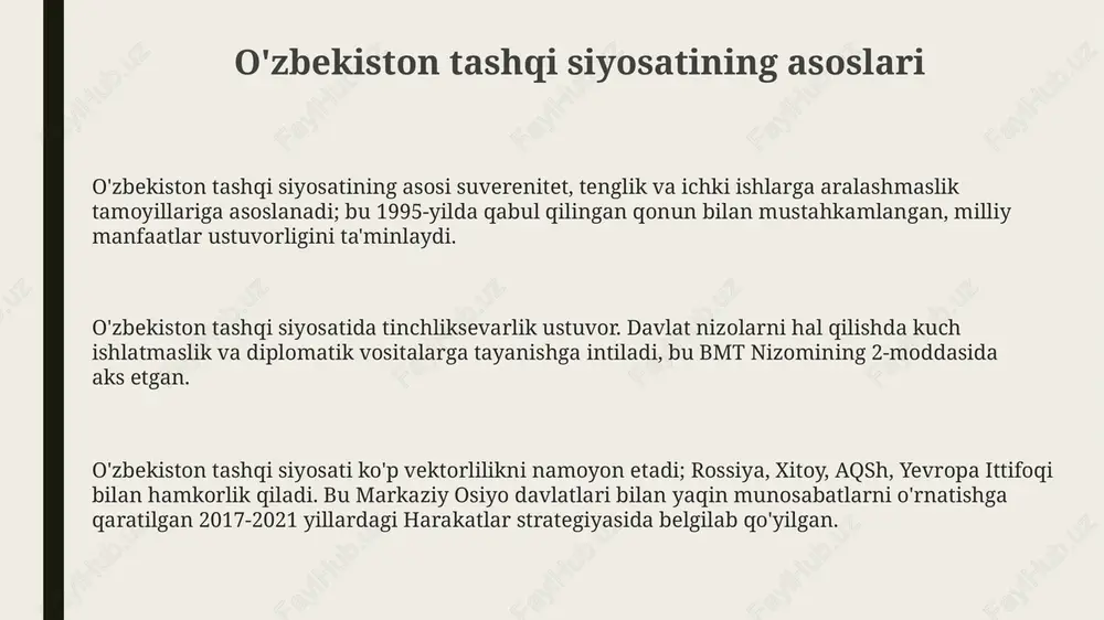 strategik joylashuvi, boy tabiiy resurslari va arzon ishchi kuchi 2023- yilda 10 milliard dollardan ortiq investitsiya jalb etishga yordam berdi, ayniqsa energetika va infratuzilma sohalarida. turizmni rivojlantirish 2016-yildan boshlab o'zbekiston turizmni rivojlantirish uchun vizalarni soddalashtirish, infratuzilmani yaxshilash va marketing kampaniyalariga 100 million dollardan ortiq investitsiya kiritdi. o'zbekistonning yangi turizm strategiyasi 2026-yilga kelib 7 million xalqaro sayyohni jalb qilishni maqsad qilgan bo'lib, bu yalpi ichki mahsulotning 5 foizini tashkil qiladi. ekoturizm o'zbekistonda tobora ommalashib bormoqda, davlat 20 dan ortiq milliy bog'lar va qo'riqlanadigan hududlar orqali biologik xilma-xillikni saqlashga e'tibor qaratmoqda. madaniy almashinuv va gumanitar hamkorlik respublika koʻplab davlatlar bilan talabalar almashinuv dasturlarini amalga oshiradi, 2023- yilda 5000 dan ziyod oʻzbekistonlik talaba xorijda tahsil oldi, bu esa taʼlim sohasida muhim qadamdir. oʻzbekiston unesco bilan hamkorlikda 1997- yildan buyon “sharq taronalari” xalqaro musiqa festivalini oʻtkazib, dunyo madaniyatini targʻib qiladi va 70 dan ortiq davlat vakillarini qamrab oladi. oʻzbekiston turli xalqaro gumanitar tashkilotlar bilan …