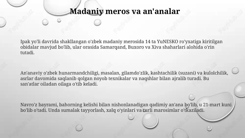 bu samarqand, buxoro va xiva shaharlariga katta qiziqish uyg'otmoqda. e'tiboringiz uchun rahmat slide 1 slide 2 slide 3 slide 4 slide 5 slide 6 slide 7 slide 8 slide 9