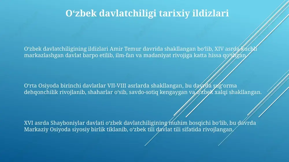iy asoslaridan biri bo'ldi. deklaratsiyada xalqaro huquq normalari va inson huquqlari ustuvorligi ta'kidlanib, o'zbek milliy davlatchiligining kelajakdagi siyosiy va huquqiy tamoyillarini belgilab berdi. o'zbekiston mustaqilligining mafkuraviy asoslari milliy o'zlikni anglash, demokratik qadriyatlar, ijtimoiy adolat va bozor iqtisodiyotini rivojlantirishga asoslangan. e'tiboringiz uchun rahmat