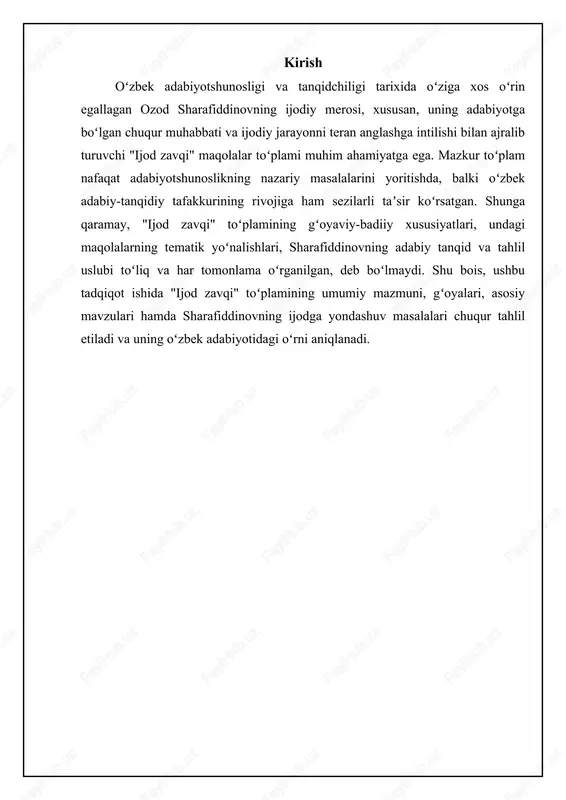 ak. sharafiddinovning fikricha, har qanday tanqid ijodkorning shaxsiyatiga emas, balki uning asariga qaratilishi lozim. ozod sharafiddinov asarlarida ijodkor shaxsning asosiy xususiyatlari📈 ushbu diagramma ozod sharafiddinovning "ijodkor shaxsning xususiyatlari" bo'limida ta'kidlangan asosiy xususiyatlarning nisbiy ahamiyatini ko'rsatadi. ijodiy jarayon bosqichlari o'zod sharafiddinov ijodiy jarayonning bir necha bosqichini ajratib ko'rsatadi. birinchi bosqich – bu muammo yoki g'oyaning paydo bo'lishi. ijodkorni section 1 biror narsa qiziqtirishi, unga savol tug'ilishi yoki uning ongida yangi bir g'oya shakllanishi mumkin. ikkinchi bosqich – bu ma'lumot to'plash va tadqiqot o'tkazish. ijodkor o'z g'oyasini amalga oshirish uchun zarur bo'lgan ma'lumotlarni to'playdi, mavjud manbalarni o'rganadi va tadqiqot o'tkazadi. uchinchi bosqich – bu g'oyalarni tahlil qilish va sintez qilish. ijodkor to'plangan ma'lumotlarni tahlil qiladi, turli g'oyalarni sintez qiladi va o'z g'oyasini shakllantiradi. to'rtinchi bosqich – bu g'oyani amalga oshirish. ijodkor o'z g'oyasini real shaklga aylantiradi, asar yaratadi yoki loyiha ishlab chiqadi. beshinchi bosqich – bu baholash va tanqid. ijodkor o'z asarini …