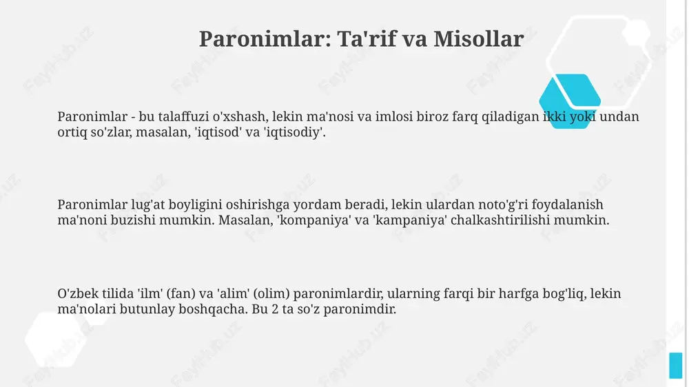 'z ichiga olgan qisqa hikoyalarni yozish orqali paronimlardan foydalanishni mashq qilishlari mumkin, bu ularning kontekstda qo'llanilishini namoyish etadi. paronimlar yordamida so'z o'yinlari, masalan, 'top 3 ta paronim' tanlovlari, so'z boyligini oshiradi va 20 daqiqa ichida paronimlarni tezda tanib olish qobiliyatini rivojlantiradi. chet tilidagi paronimlar fransuz tilida 'dessert' (shirinlik) va 'desert' (sahro) kabi paronimlar mavjud bo'lib, ularning imlosi juda yaqin, ammo ma'nolari butunlay boshqacha. bunday xatoliklar tushunmovchilikka olib kelishi mumkin. ingliz tilidagi paronimlarga misol tariqasida, 'affect' (ta'sir qilmoq) fe'li va 'effect' (natija) otini keltirish mumkin. ularning talaffuzi o'xshash, lekin ma'nosi va grammatik roli butunlay farq qiladi. nemis tilidagi 'seite' (sahifa) va 'saite' (tor) so'zlari paronim bo'lib, kontekstni hisobga olmaganda, 1 harfning farqi ma'noni tubdan o'zgartirishi mumkin. ularni adashtirmaslik uchun ehtiyot bo'lish kerak. paronimlarning stilistik roli paronimlar badiiy matnlarda 10 dan ortiq uslubiy maqsadlarda, masalan, ohangdorlikni kuchaytirish, obrazlilikni oshirish va 2 xil ma'noni qorishtirib ibora yaratishda qo'llaniladi. paronimlar hazilomuzlik va ironiyani yaratishda …